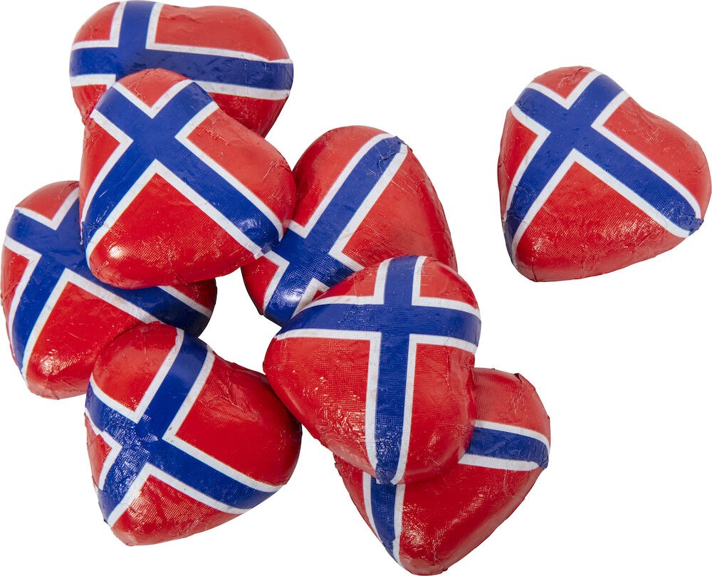 Sjokoladehjerter i nett med norske flagg 100 gram